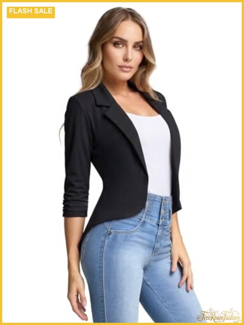 High Low Hem Blazer Jacket 3/4 Sleeve Button Notch Collar Ponte Roma